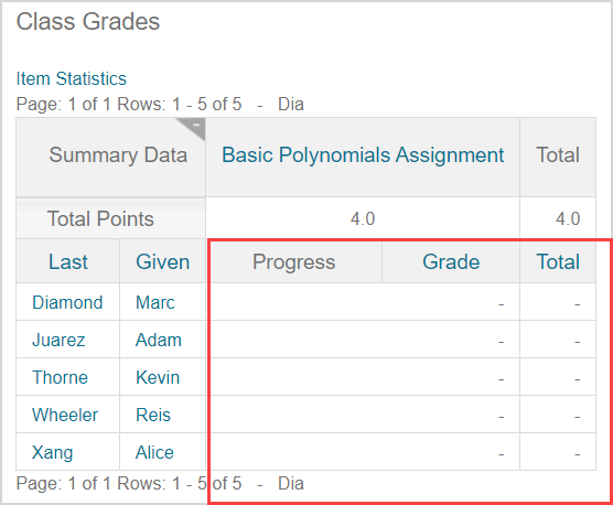 The gradebook search results table shows no progress icon and a dash for grades and total.
